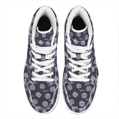 Maya Symbol Pattern Print High Top Leather Sneakers