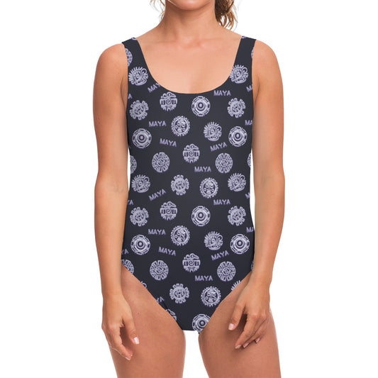 Maya Symbol Pattern Print One Piece Swimsuit