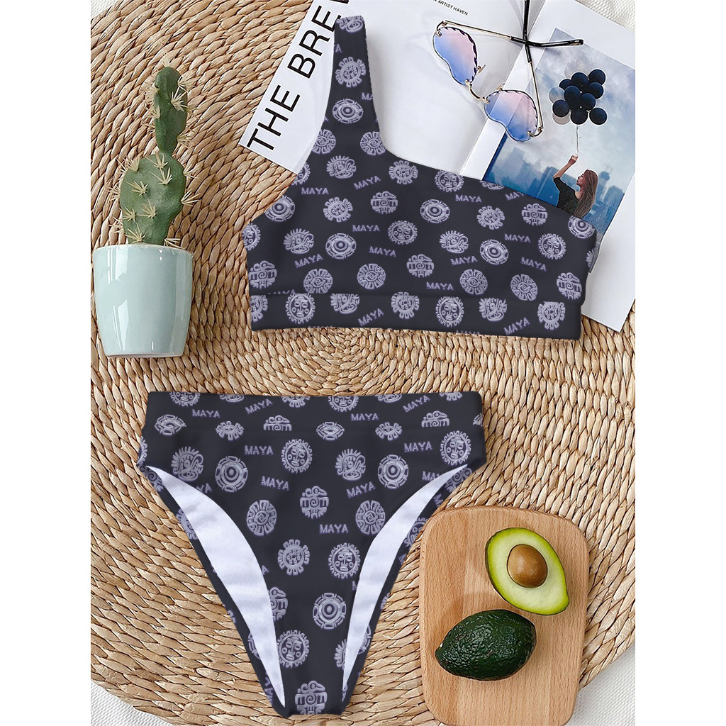 Maya Symbol Pattern Print One Shoulder Bikini Top