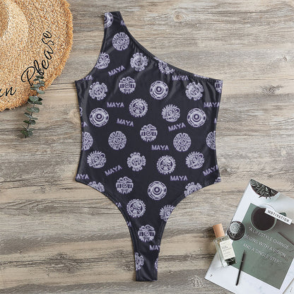 Maya Symbol Pattern Print One Shoulder Bodysuit