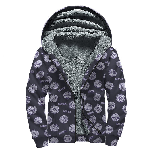 Maya Symbol Pattern Print Sherpa Lined Zip Up Hoodie