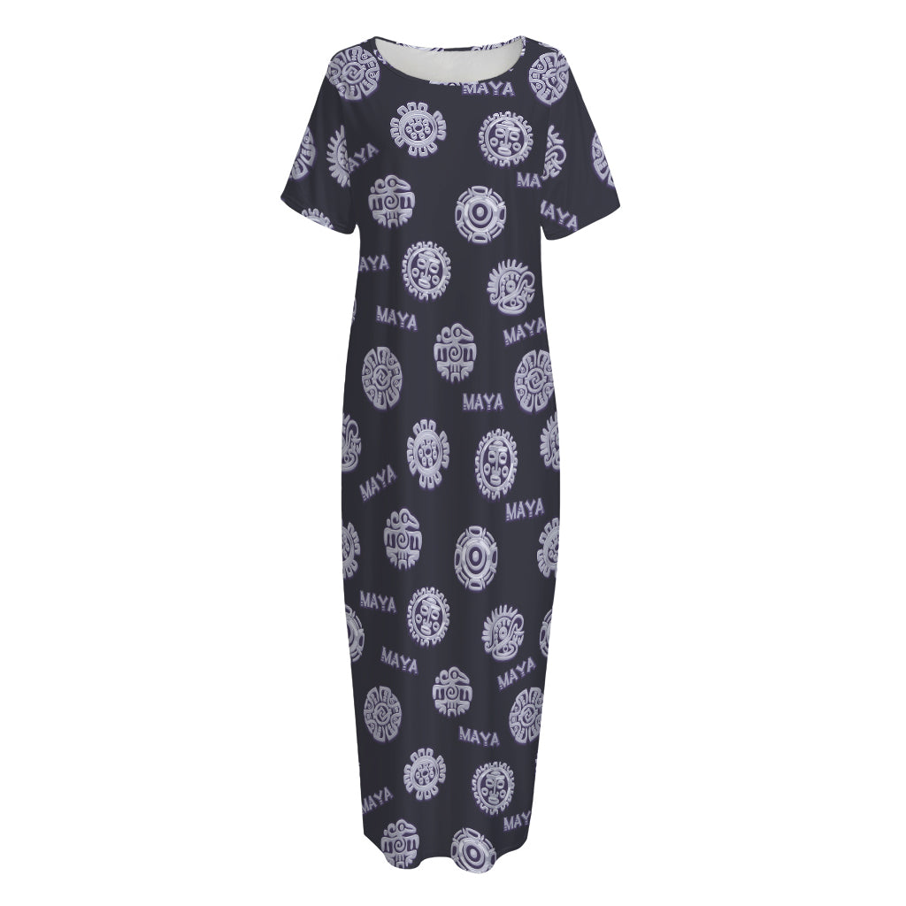 Maya Symbol Pattern Print Short Sleeve Long Nightdress
