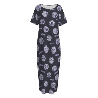 Maya Symbol Pattern Print Short Sleeve Long Nightdress