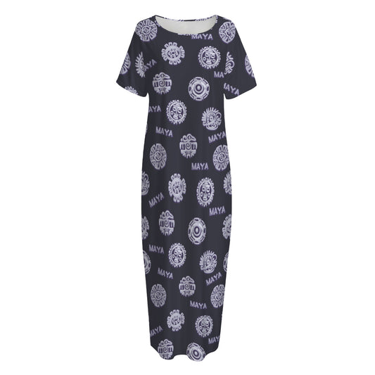 Maya Symbol Pattern Print Short Sleeve Long Nightdress