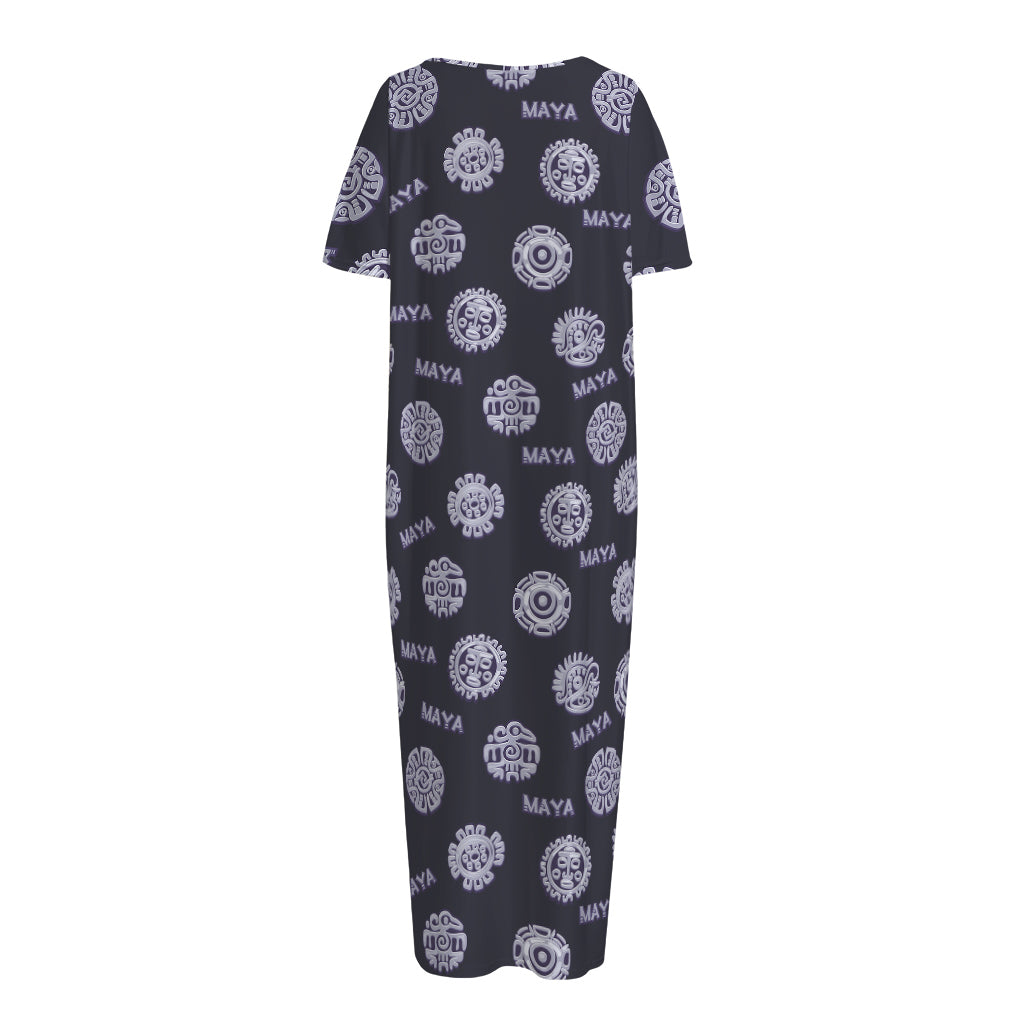Maya Symbol Pattern Print Short Sleeve Long Nightdress