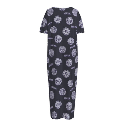 Maya Symbol Pattern Print Short Sleeve Long Nightdress