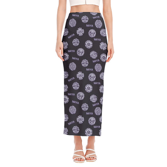 Maya Symbol Pattern Print Side Slit Maxi Skirt
