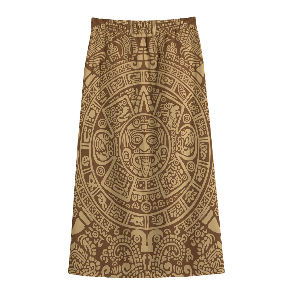 Mayan Calendar Print Cotton Front Slit Maxi Skirt