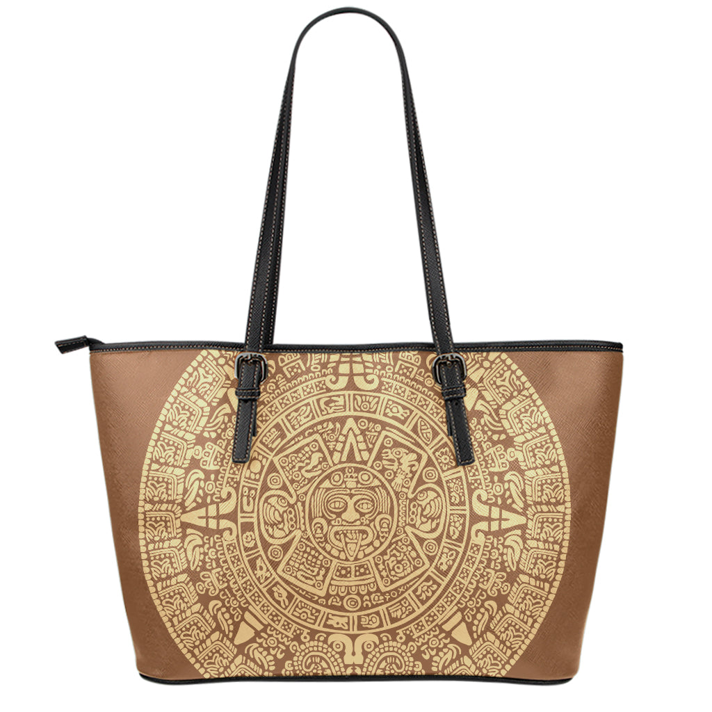 Mayan Calendar Print Leather Tote Bag