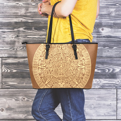 Mayan Calendar Print Leather Tote Bag