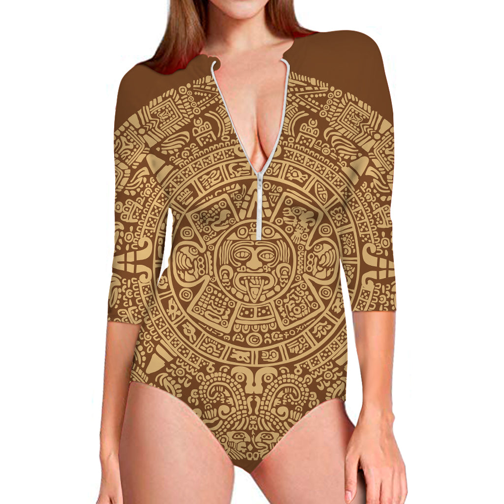 Mayan Calendar Print Long Sleeve Swimsuit