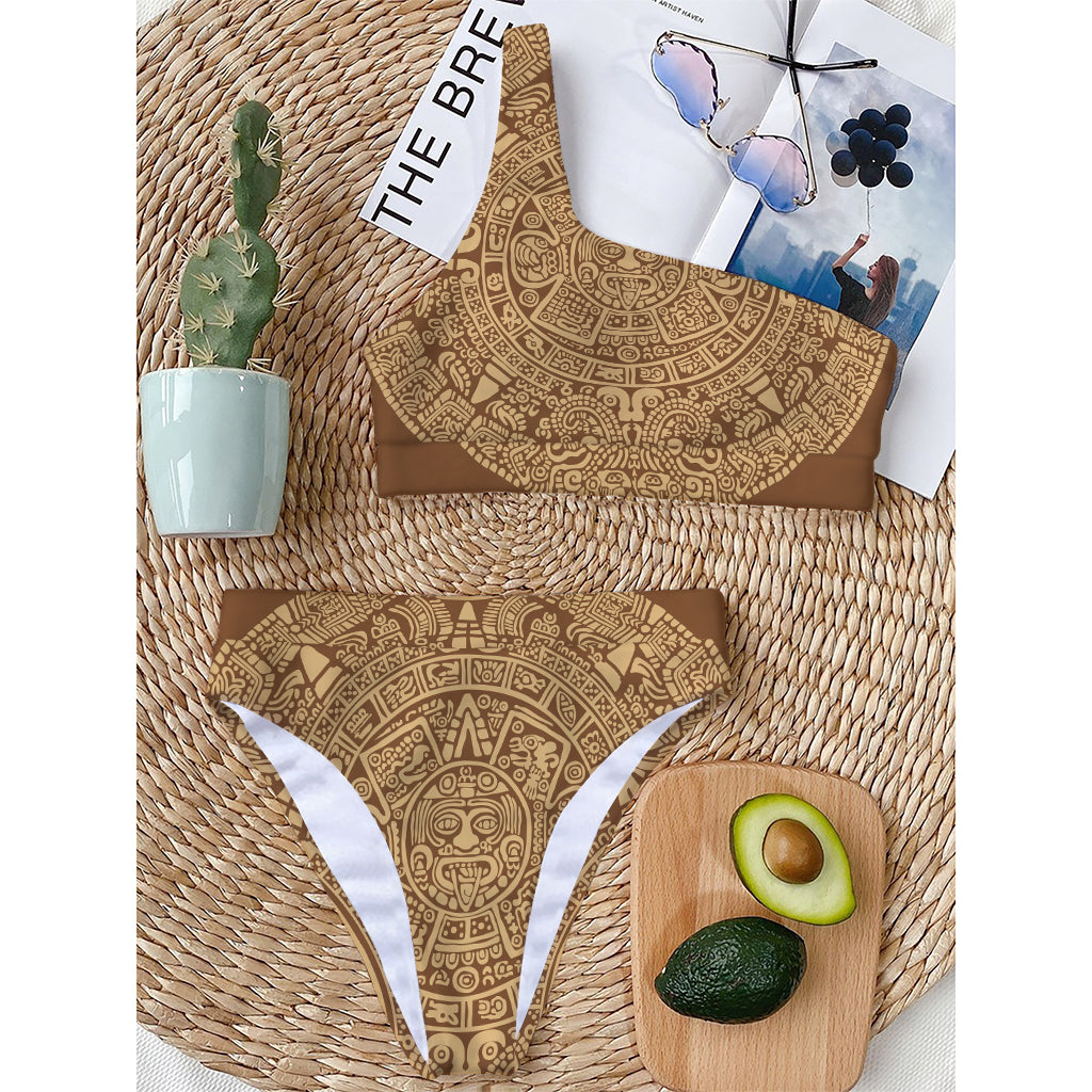 Mayan Calendar Print One Shoulder Bikini Top