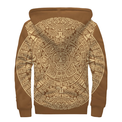 Mayan Calendar Print Sherpa Lined Zip Up Hoodie