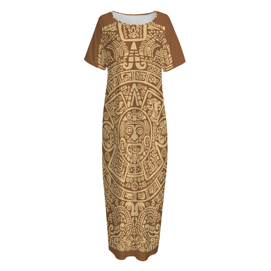 Mayan Calendar Print Short Sleeve Long Nightdress