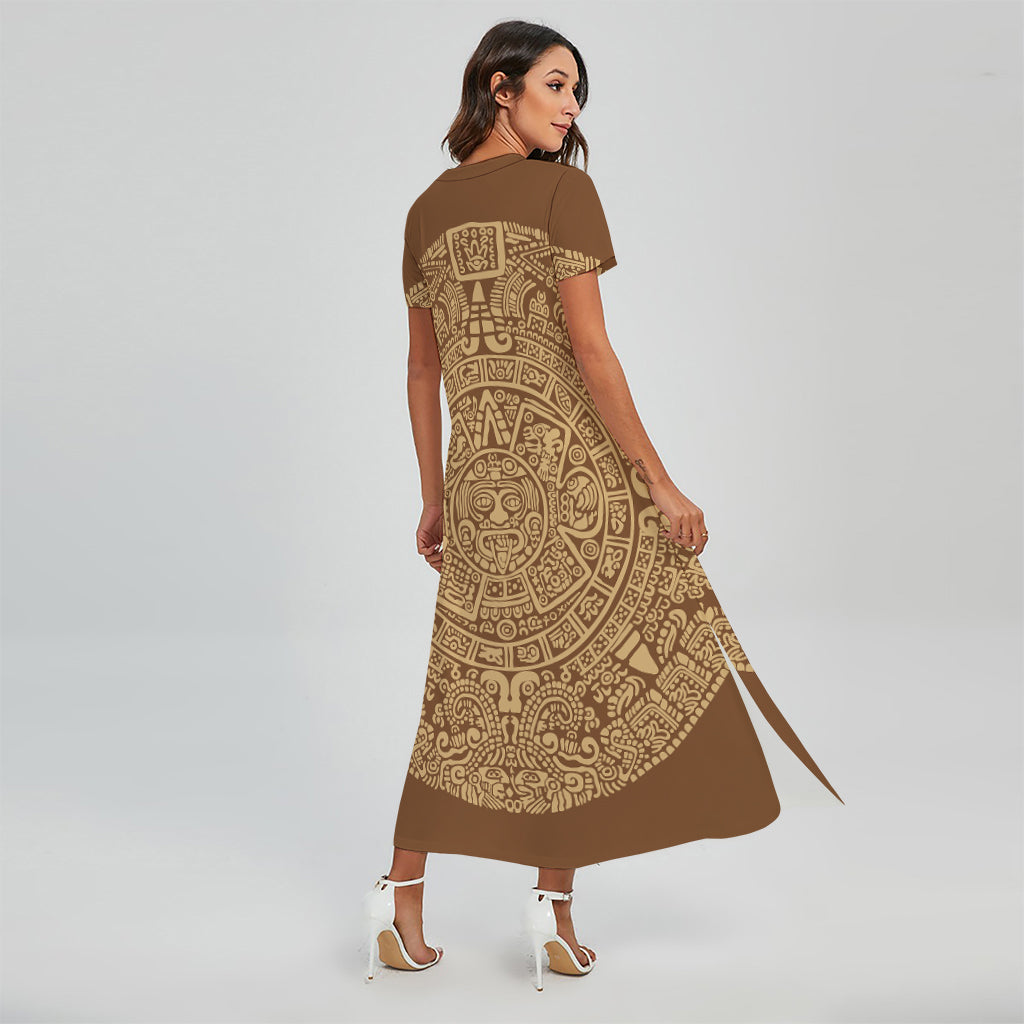Mayan Calendar Print Short Sleeve Maxi Dress