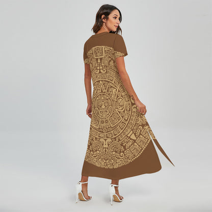 Mayan Calendar Print Short Sleeve Maxi Dress