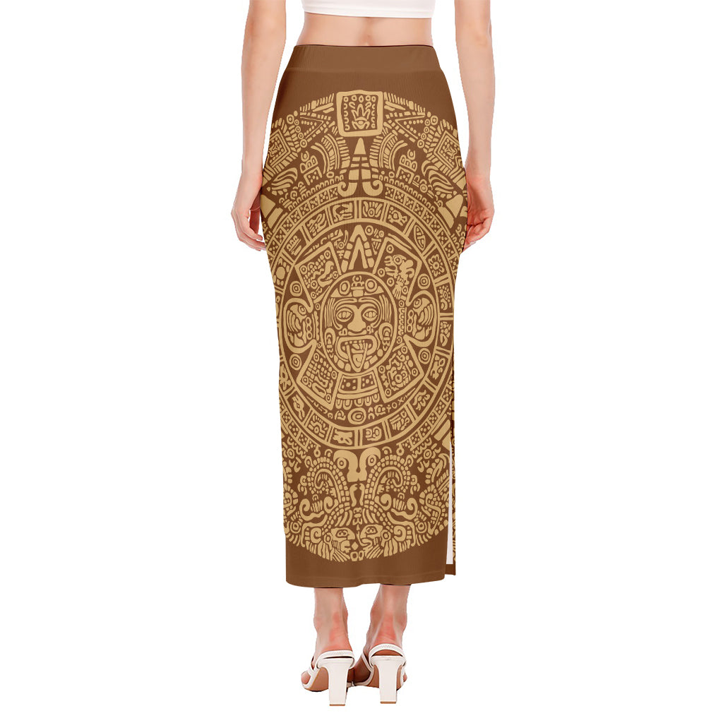 Mayan Calendar Print Side Slit Maxi Skirt