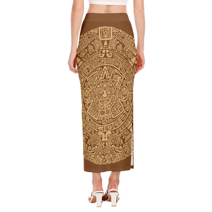 Mayan Calendar Print Side Slit Maxi Skirt