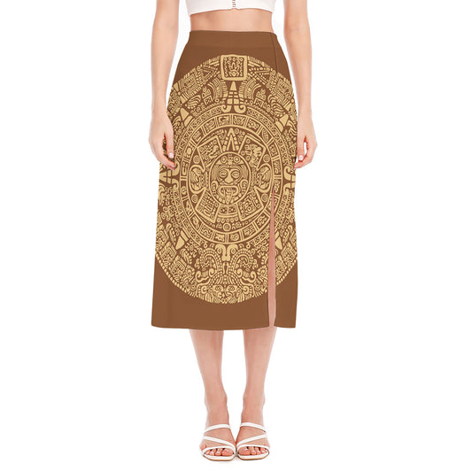 Mayan Calendar Print Side Slit Midi Skirt