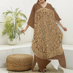 Mayan Calendar Print Silk V-Neck Kaftan Dress