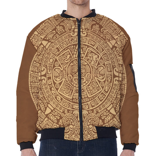 Mayan Calendar Print Zip Sleeve Bomber Jacket