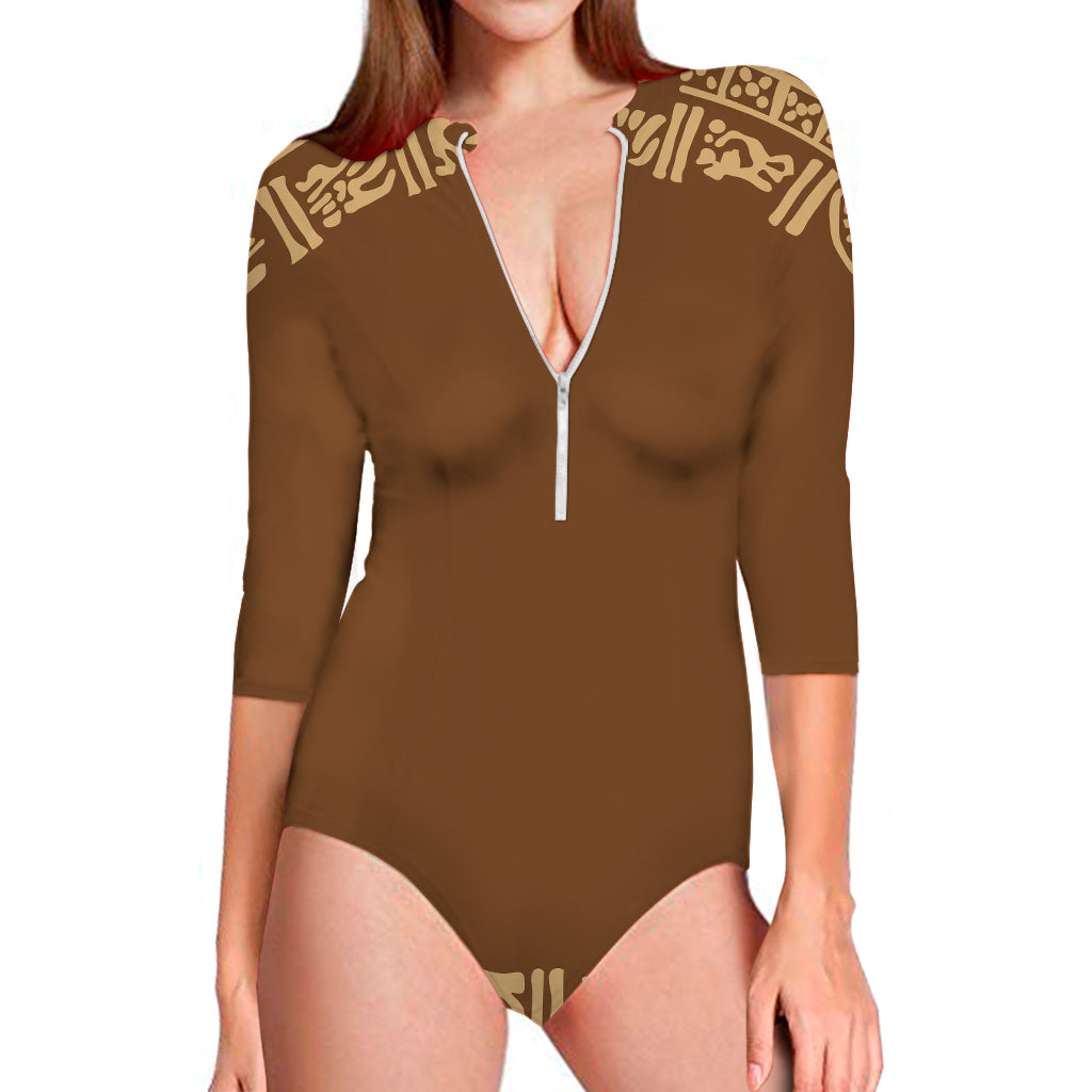 Mayan Circle Symbol Print Long Sleeve Swimsuit