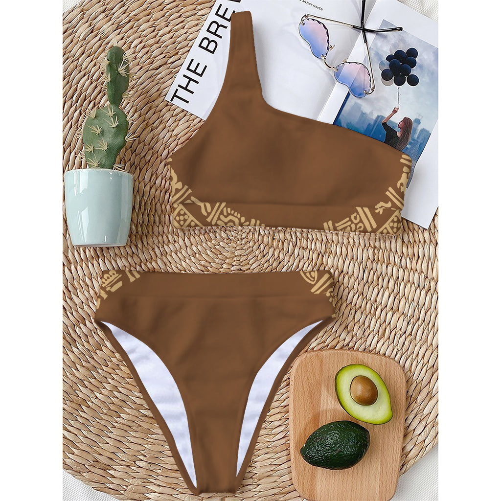 Mayan Circle Symbol Print One Shoulder Bikini Top