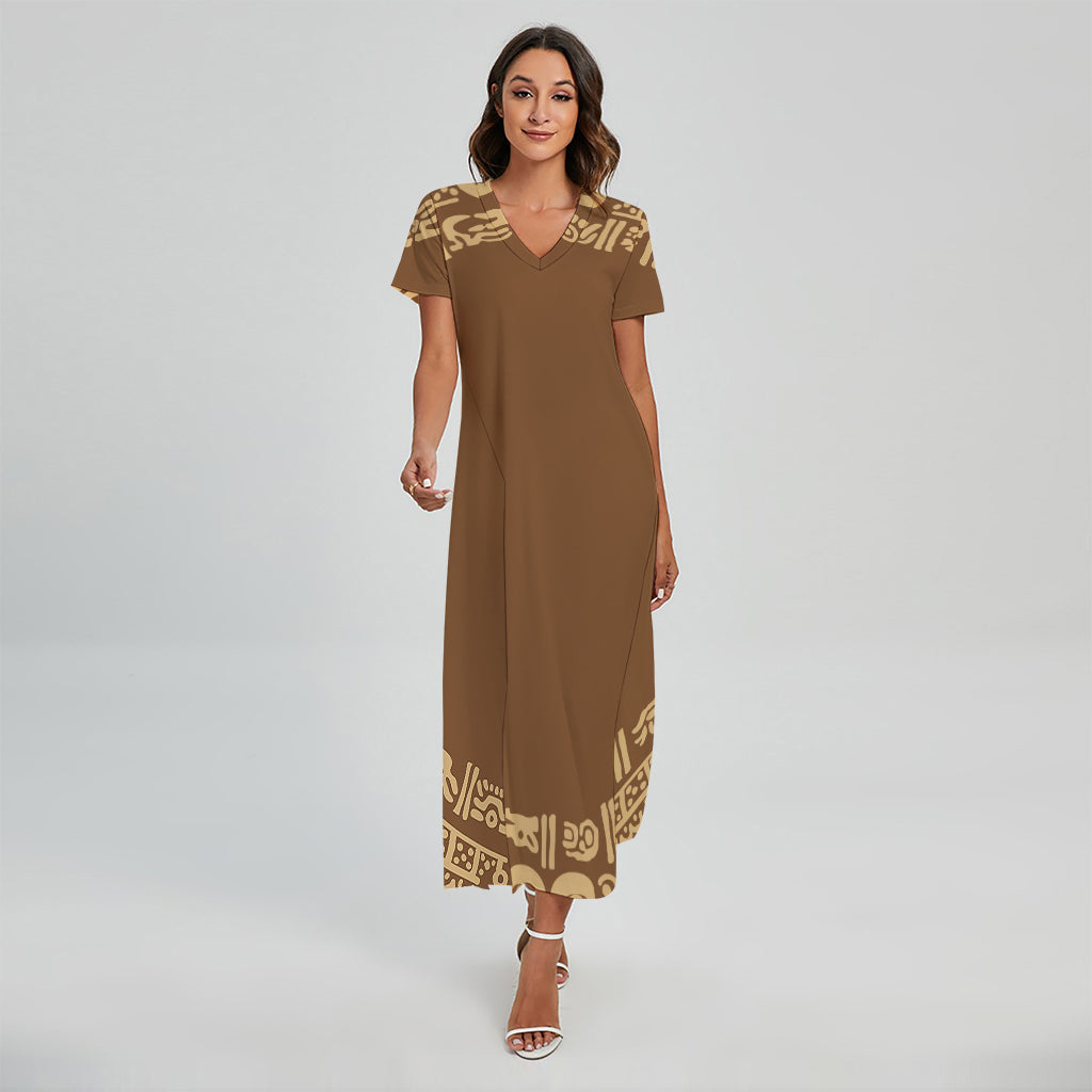 Mayan Circle Symbol Print Short Sleeve Maxi Dress