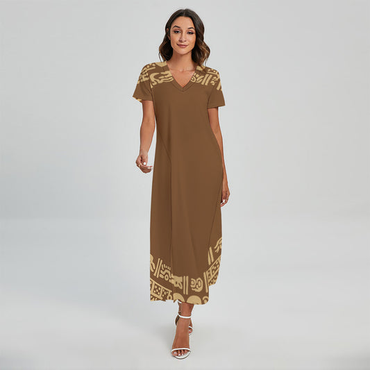 Mayan Circle Symbol Print Short Sleeve Maxi Dress