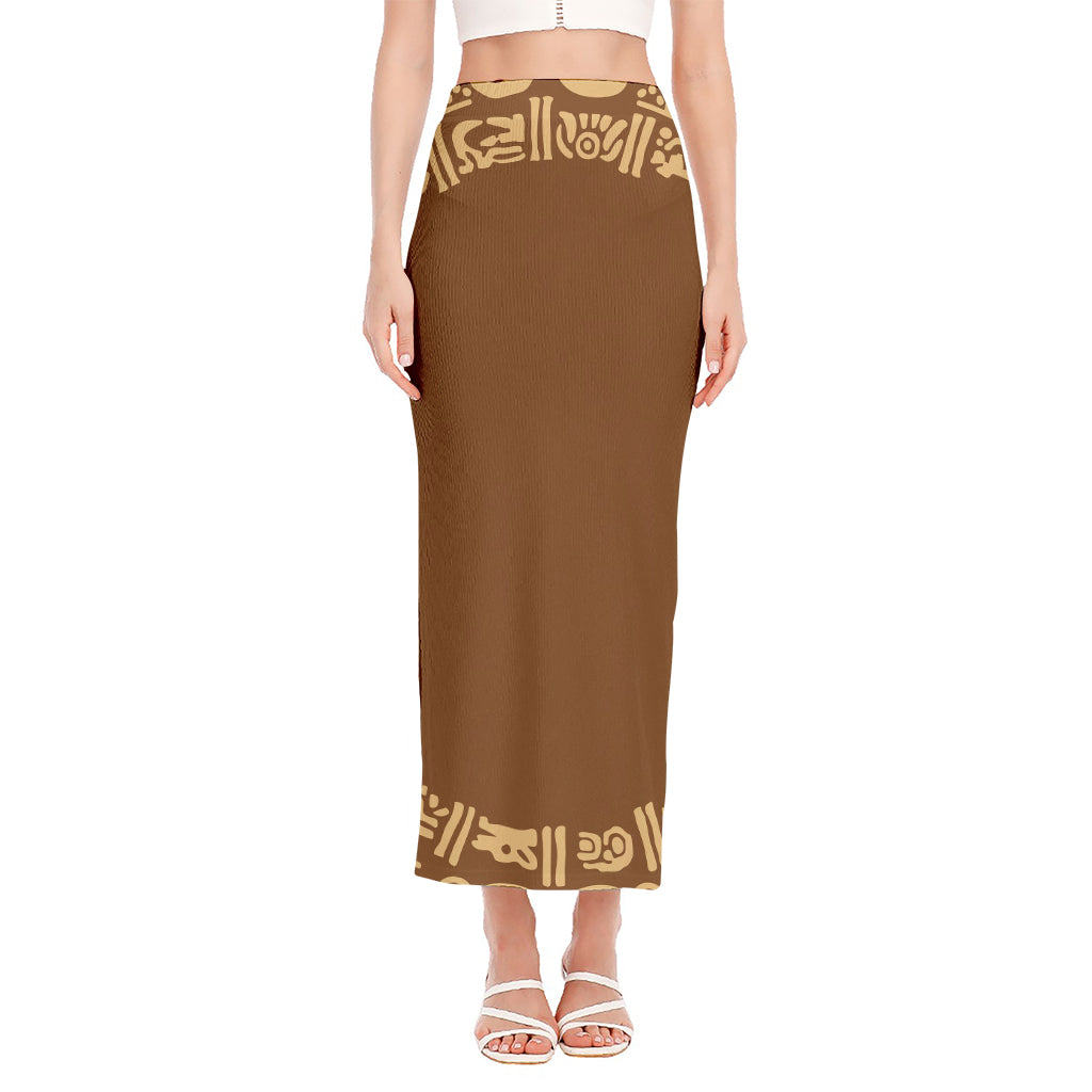 Mayan Circle Symbol Print Side Slit Maxi Skirt