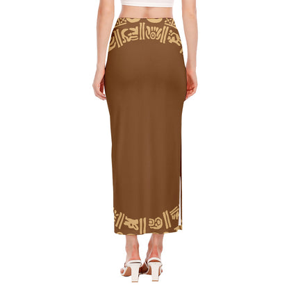 Mayan Circle Symbol Print Side Slit Maxi Skirt