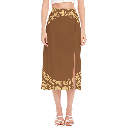 Mayan Circle Symbol Print Side Slit Midi Skirt