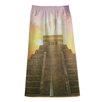 Mayan Civilization Print Cotton Front Slit Maxi Skirt