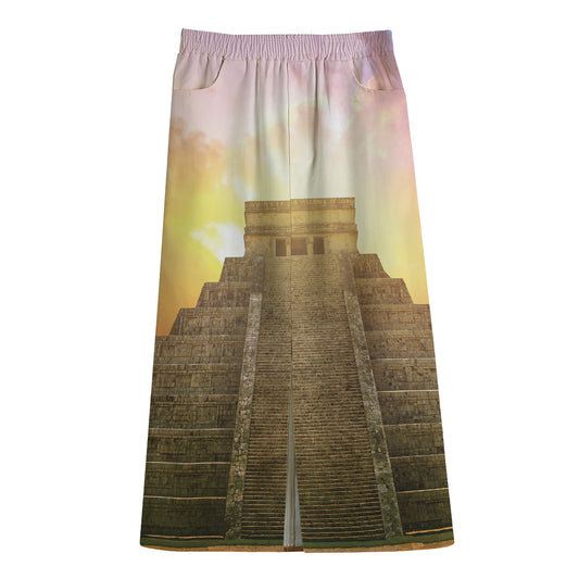 Mayan Civilization Print Cotton Front Slit Maxi Skirt