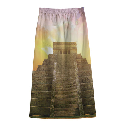 Mayan Civilization Print Cotton Front Slit Maxi Skirt