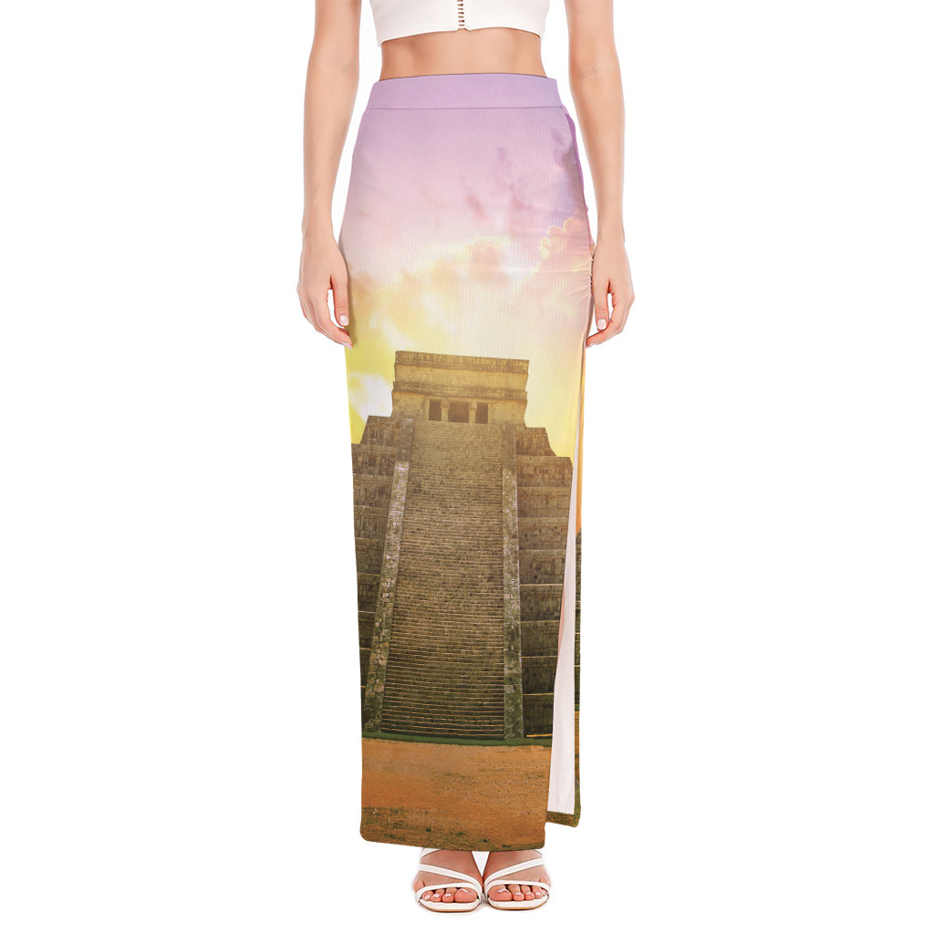 Mayan Civilization Print High Slit Maxi Skirt