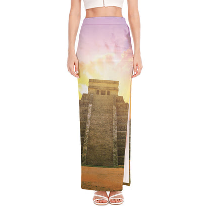 Mayan Civilization Print High Slit Maxi Skirt