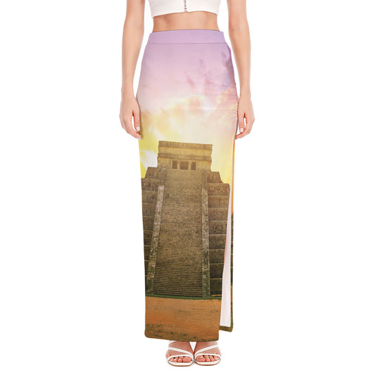 Mayan Civilization Print High Slit Maxi Skirt