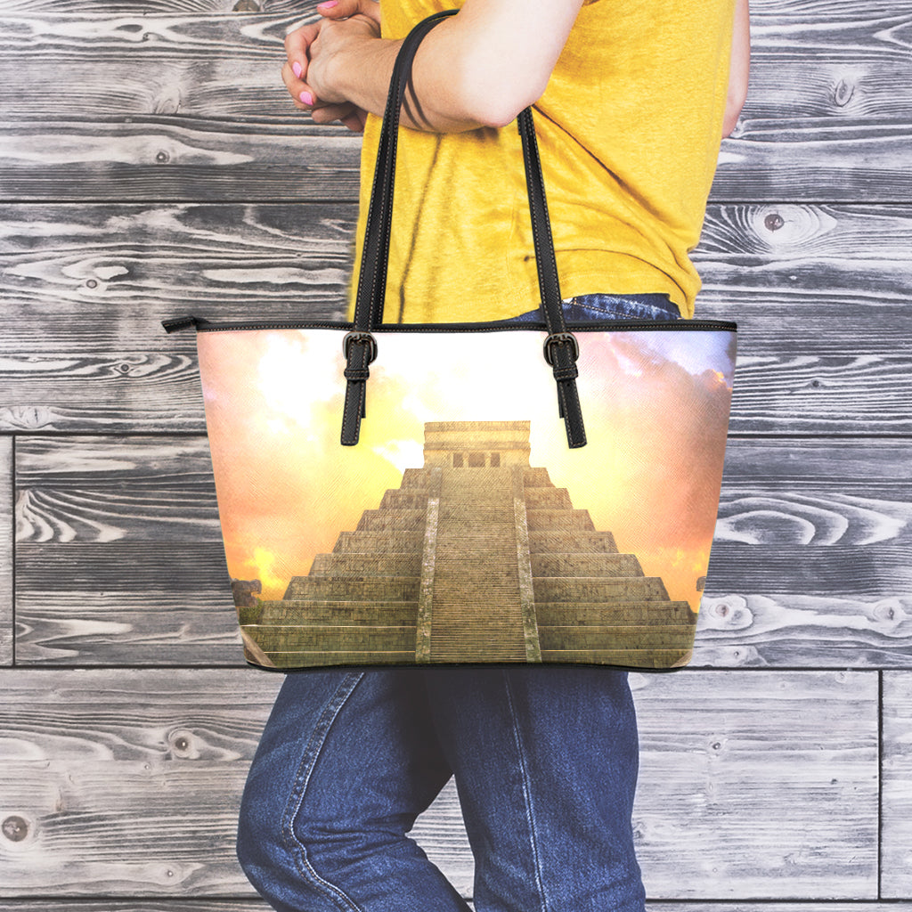 Mayan Civilization Print Leather Tote Bag