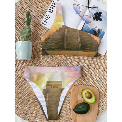 Mayan Civilization Print One Shoulder Bikini Top