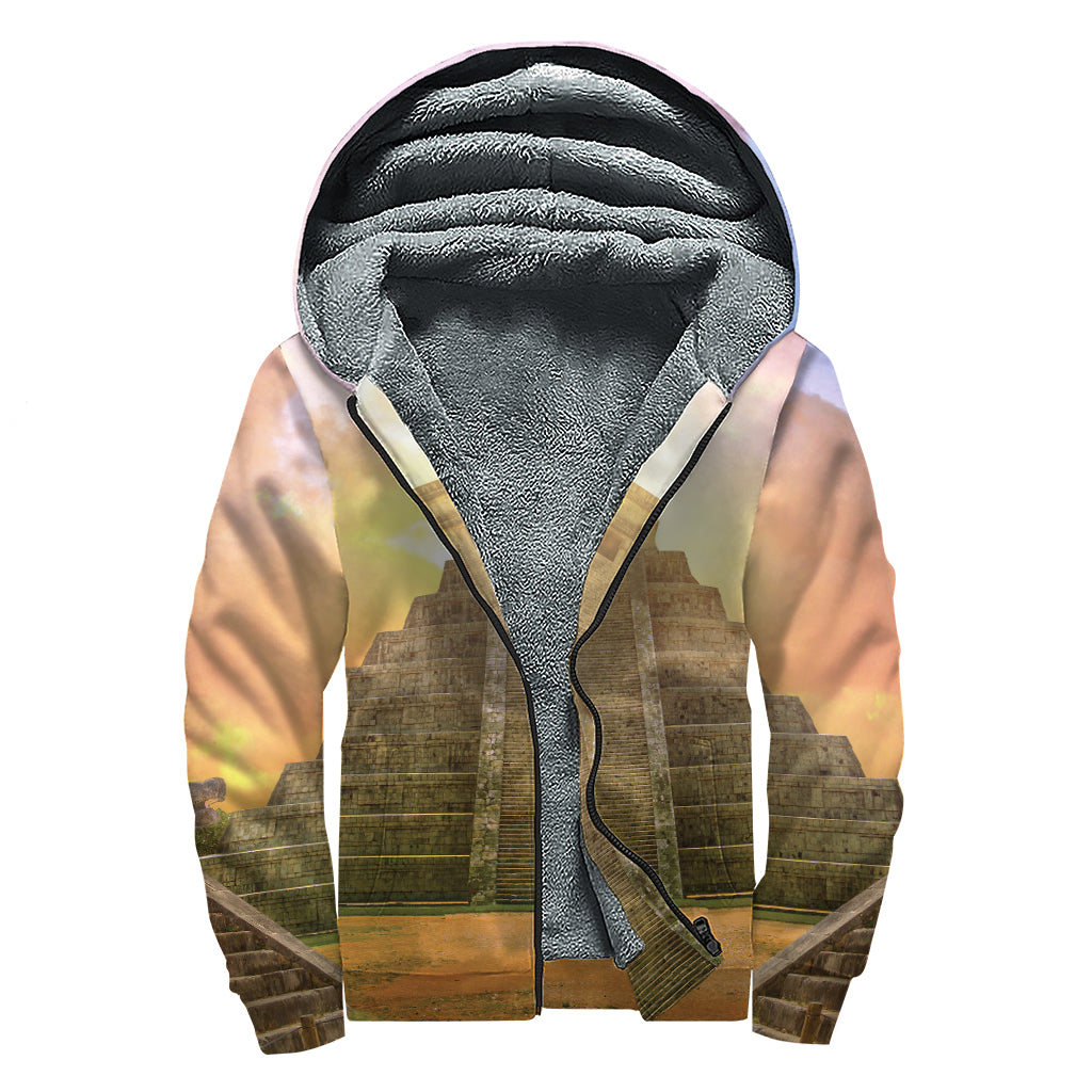Mayan Civilization Print Sherpa Lined Zip Up Hoodie