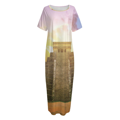 Mayan Civilization Print Short Sleeve Long Nightdress