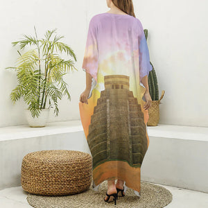 Mayan Civilization Print Silk V-Neck Kaftan Dress