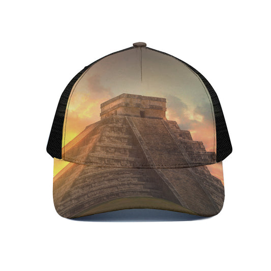 Mayan Pyramid Print Black Mesh Trucker Cap