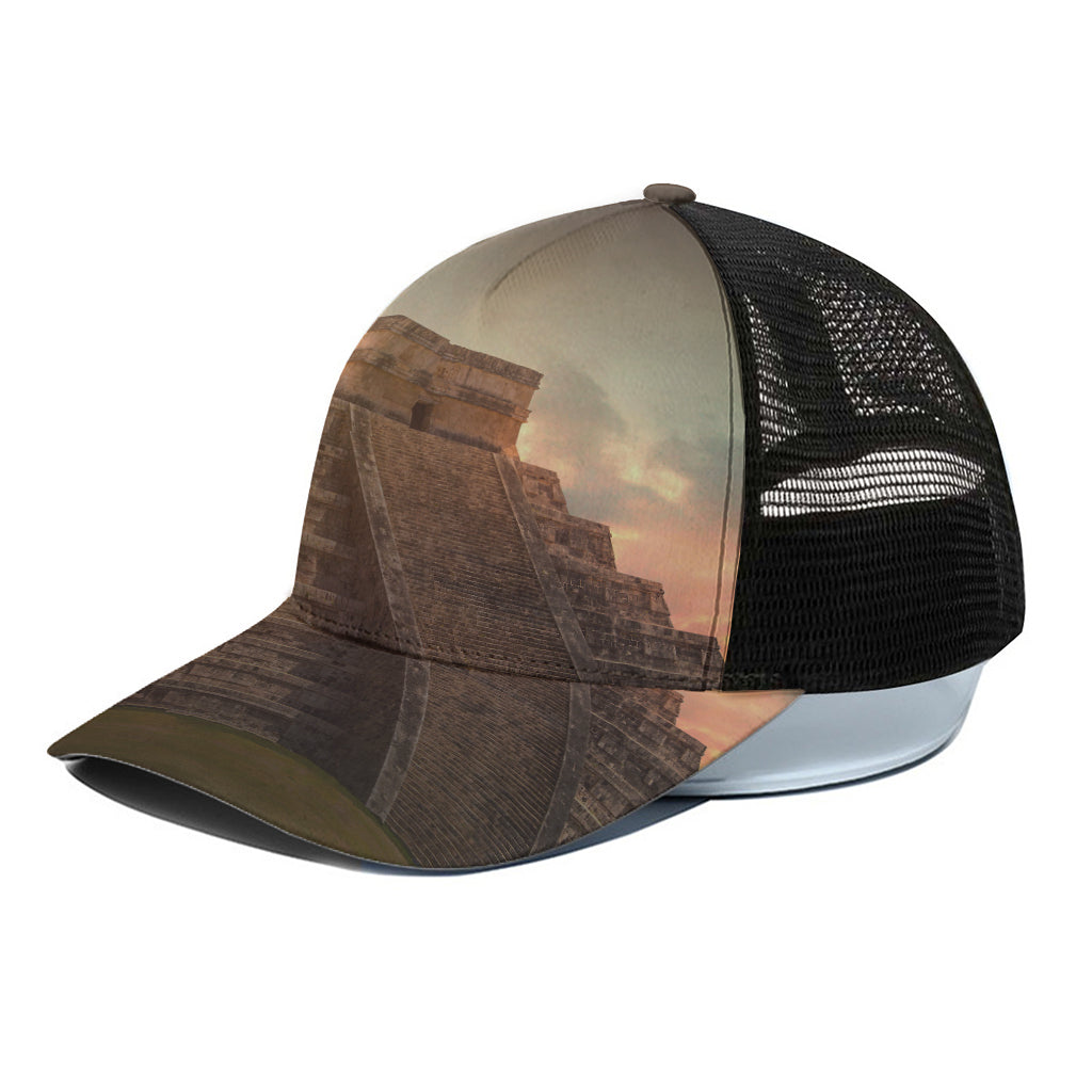 Mayan Pyramid Print Black Mesh Trucker Cap