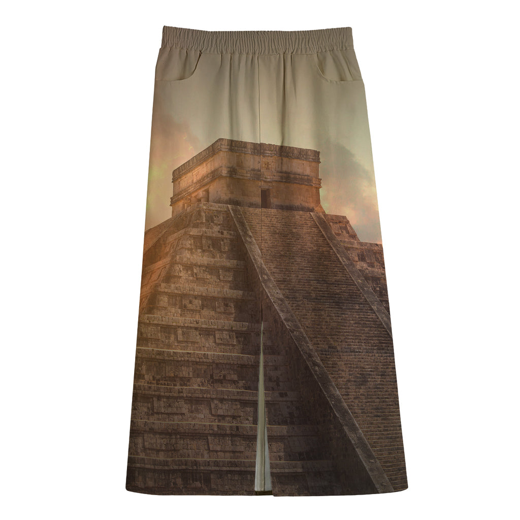 Mayan Pyramid Print Cotton Front Slit Maxi Skirt