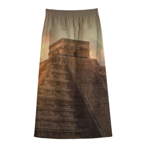 Mayan Pyramid Print Cotton Front Slit Maxi Skirt