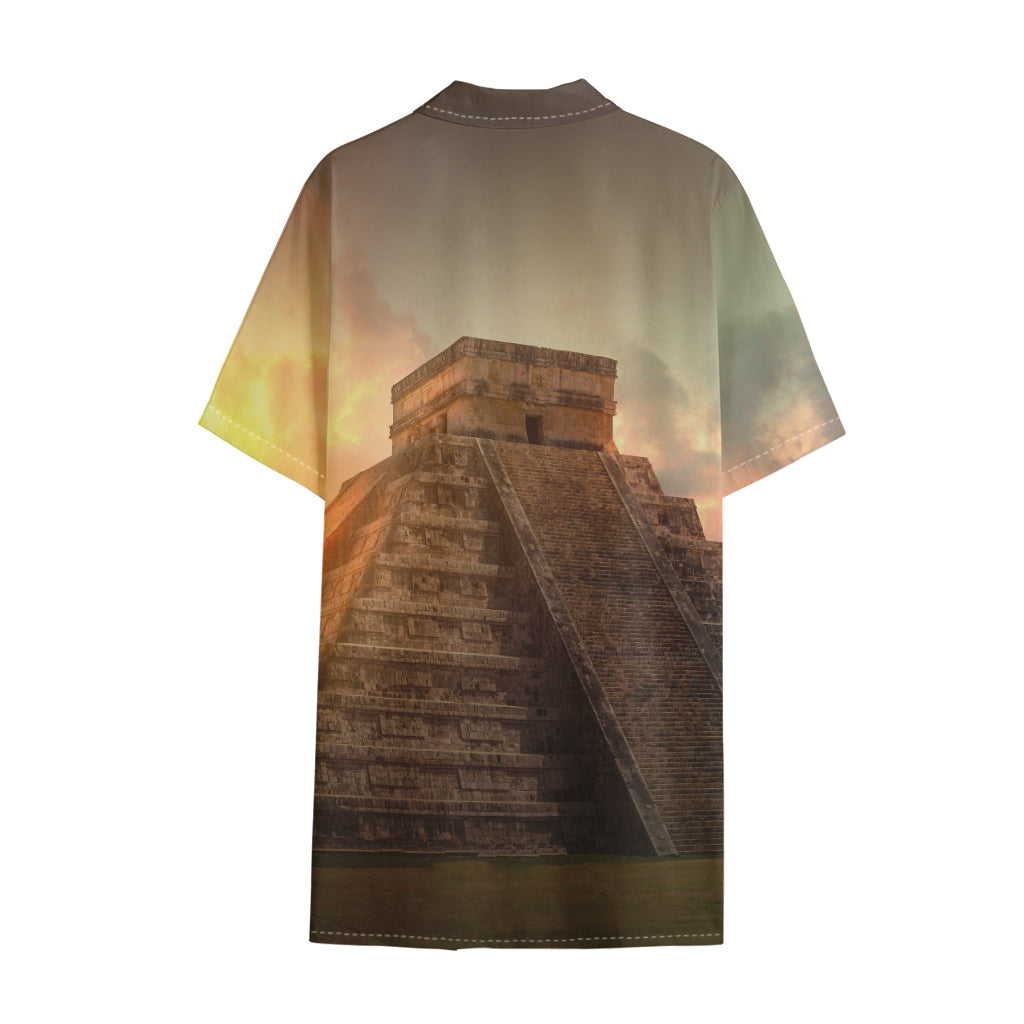 Mayan Pyramid Print Cotton Hawaiian Shirt