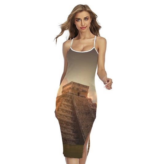 Mayan Pyramid Print Cross Back Cami Dress