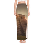 Mayan Pyramid Print High Slit Maxi Skirt